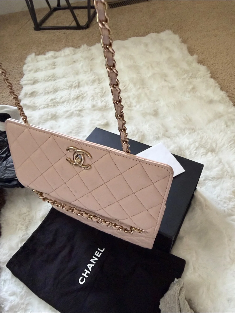 CHANEL Quilted lamb skin beige O- mini Bag with Gold Hardware